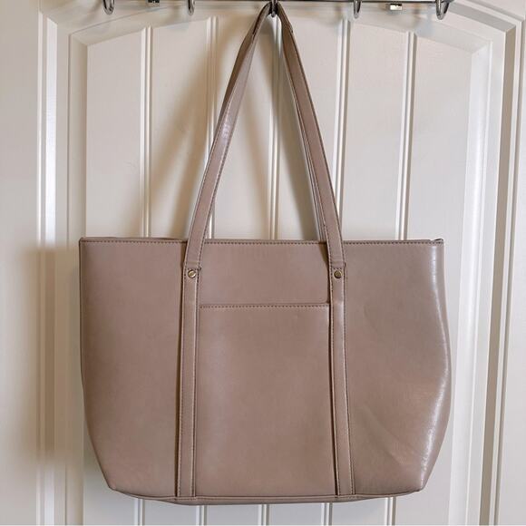 Classic Taupe Faux Leather Tote Bag Large‎ Capacity Shoulder Handbag Work - Picture 2 of 8